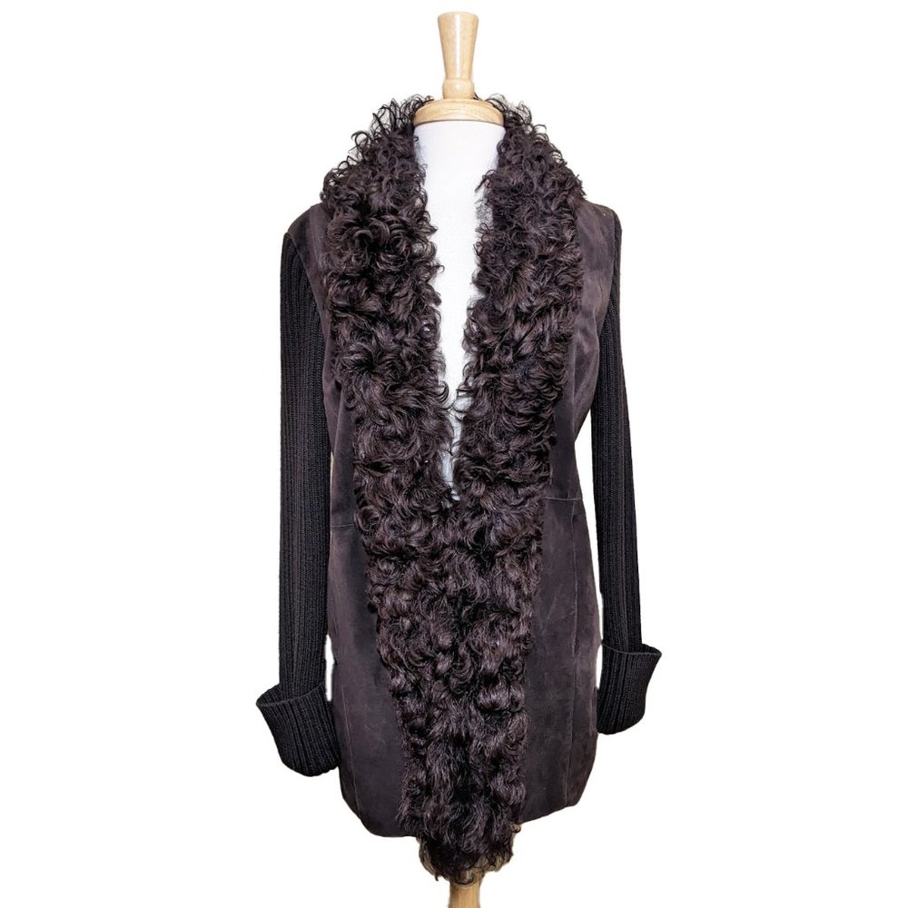 Vintage DANA BUCHMAN Suede/Wool Open Jacket/Coat + Lamb Fur Collar